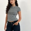 Motel Rocks Printed Tops | Tees-Dartis Top in Navy and Grey Jersey Stripe