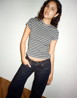 Motel Rocks Printed Tops | Tees-Dartis Top in Navy and Grey Jersey Stripe