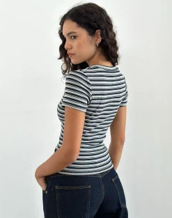 Motel Rocks Printed Tops | Tees-Dartis Top in Navy and Grey Jersey Stripe