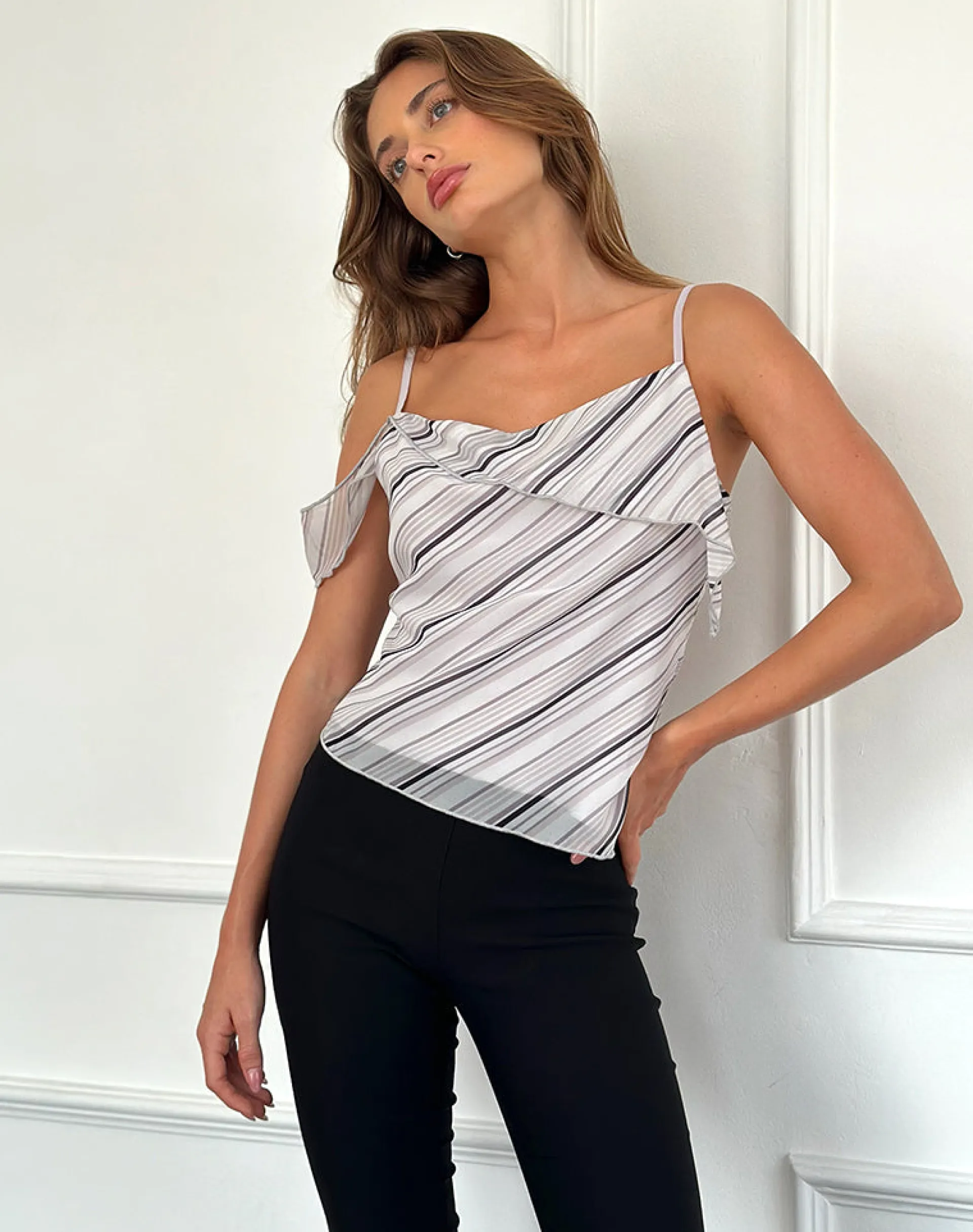 Motel Rocks Strappy Tops | Going Out Tops-Davila Cami Top in Diagonal Stripe Tonal Grey DiagonalStripeTonalGrey