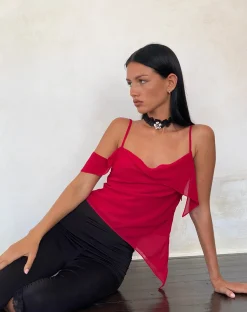 Motel Rocks Strappy Tops | Going Out Tops-Davila Top in Chiffon Deep Red ChiffonDeepRed