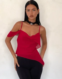 Motel Rocks Strappy Tops | Going Out Tops-Davila Top in Chiffon Deep Red ChiffonDeepRed
