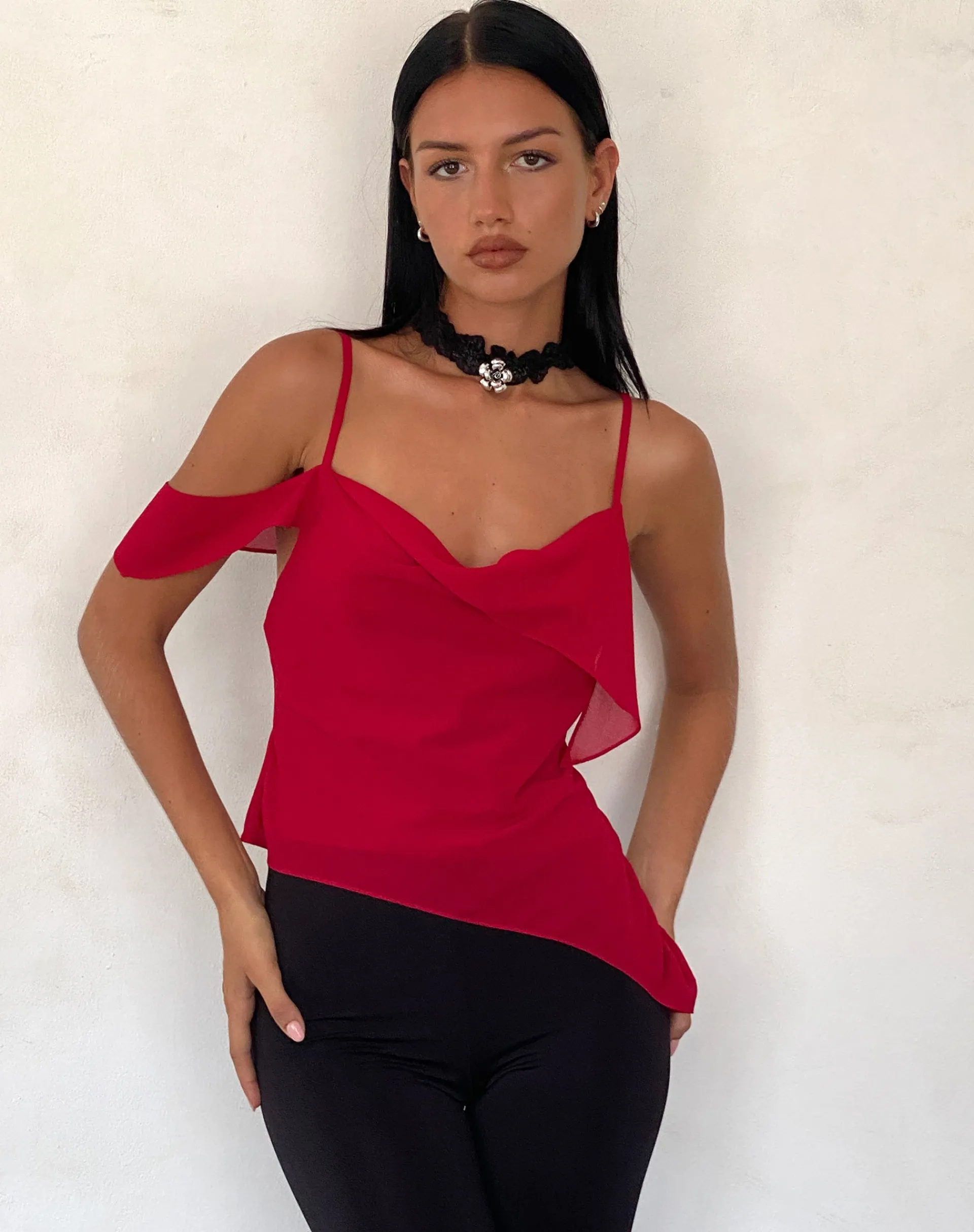 Motel Rocks Strappy Tops | Going Out Tops-Davila Top in Chiffon Deep Red ChiffonDeepRed