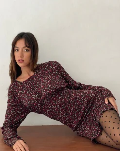 Motel Rocks Printed Dresses | Long Sleeve Dresses-Dawsen Long Sleeve Ruched Mini Dress in Dark Rhoslyn Ditsy Print