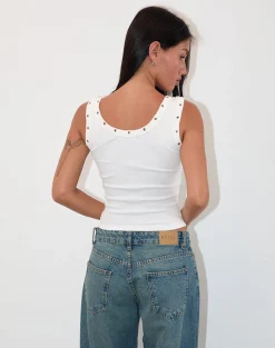 Motel Rocks Basic Tops | Vest Tops-Dax Eyelet Ribbed Vest Top in White