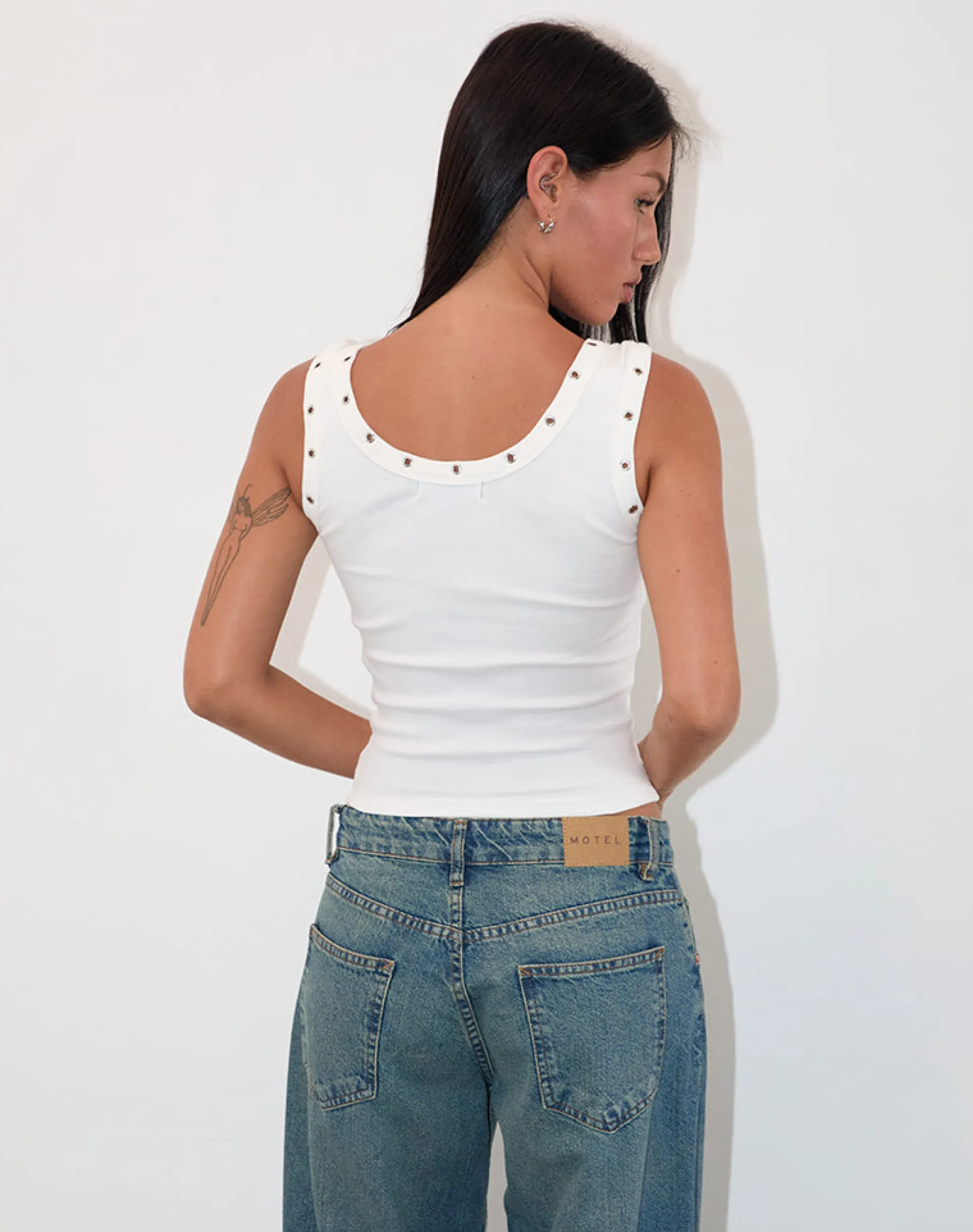 Motel Rocks Basic Tops | Vest Tops-Dax Eyelet Ribbed Vest Top in White