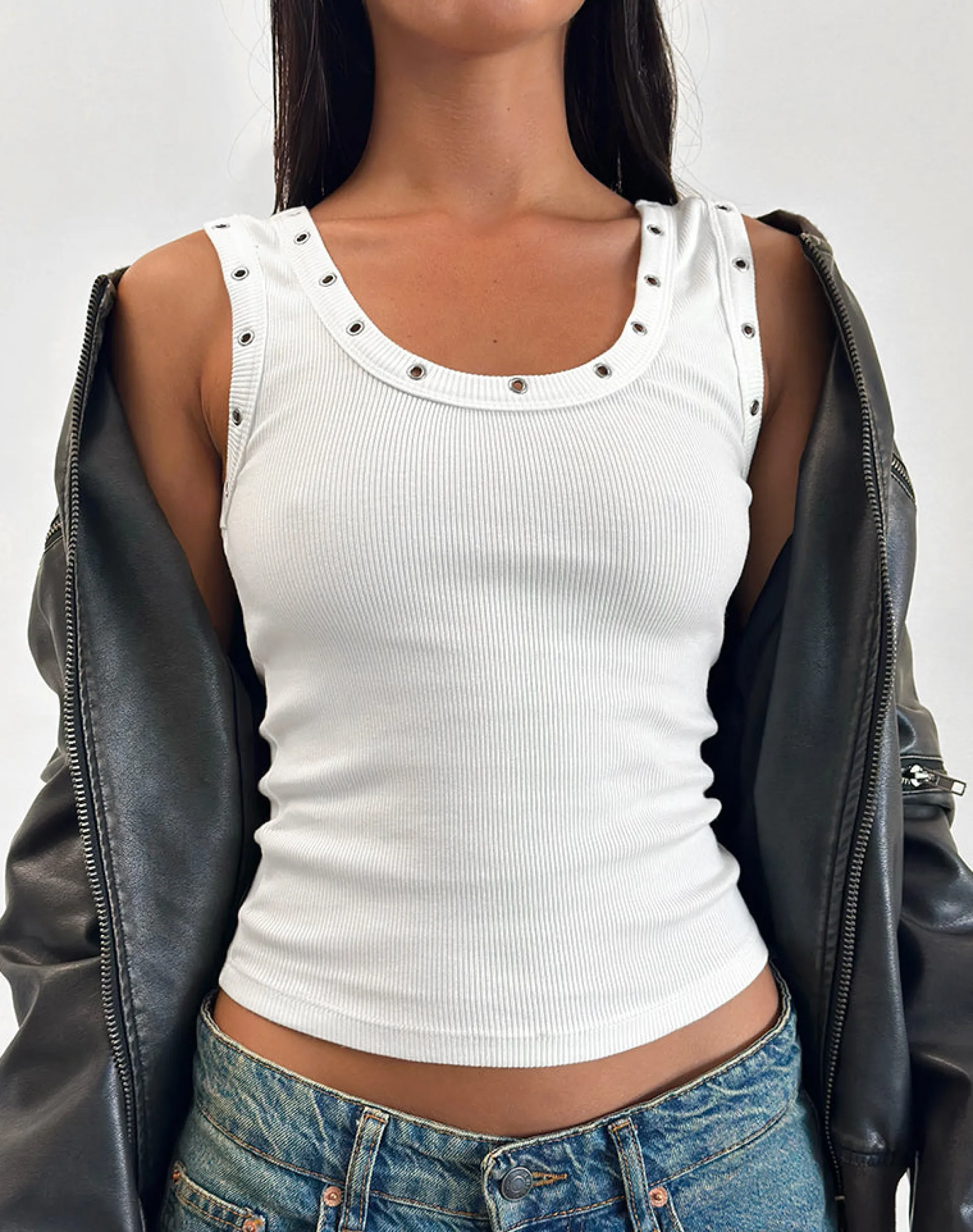 Motel Rocks Basic Tops | Vest Tops-Dax Eyelet Ribbed Vest Top in White