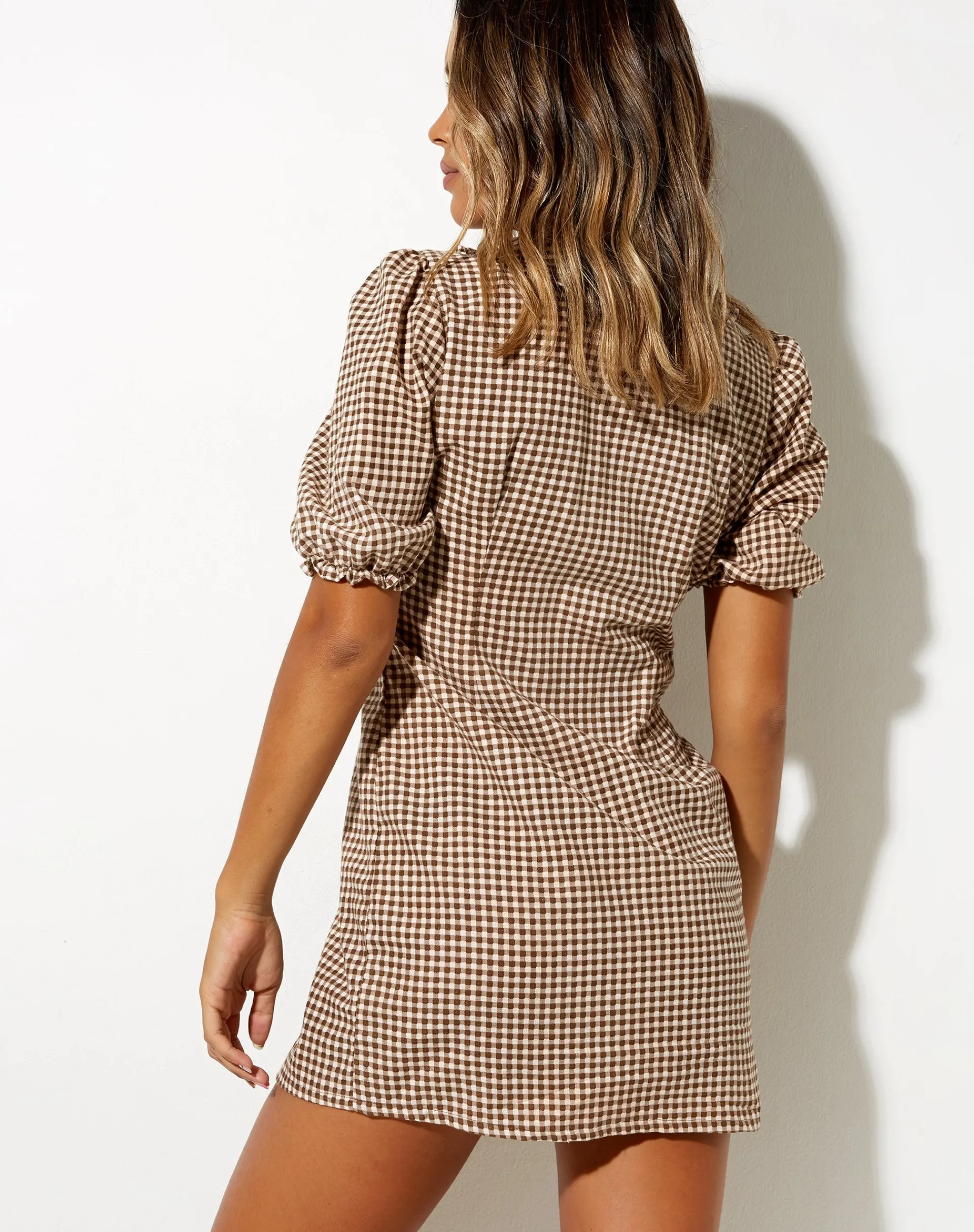 Motel Rocks Printed Dresses | Mini Dresses-Deja Dress in Mini Gingham Brown