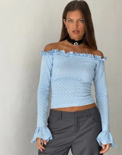 Motel Rocks Long Sleeve Tops-Delaney Knitted Frill Bardot Top in Baby Blue