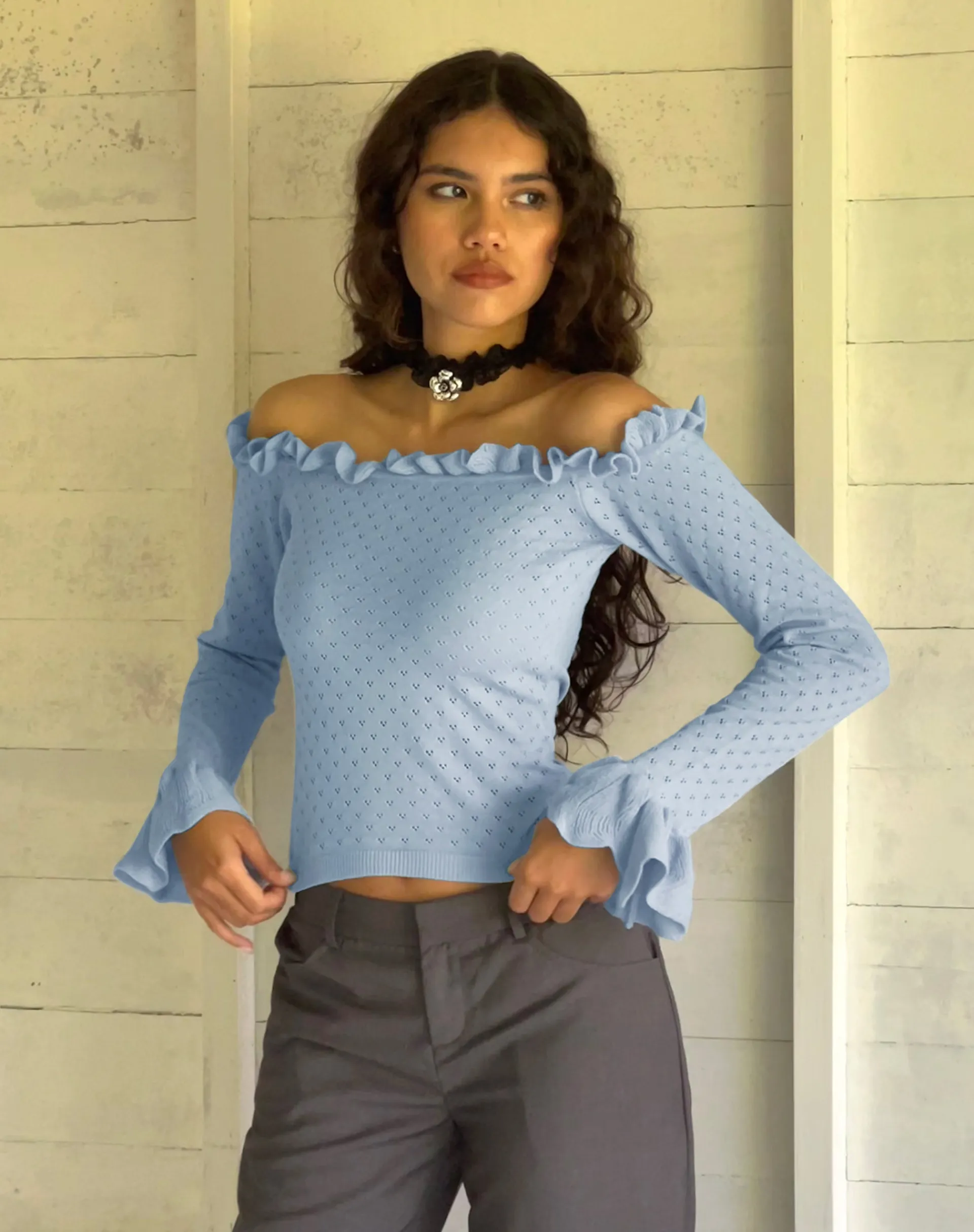 Motel Rocks Long Sleeve Tops-Delaney Knitted Frill Bardot Top in Baby Blue
