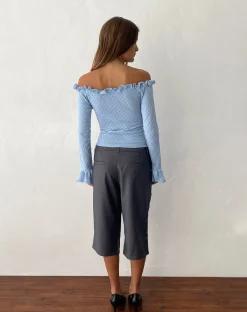Motel Rocks Long Sleeve Tops-Delaney Knitted Frill Bardot Top in Baby Blue