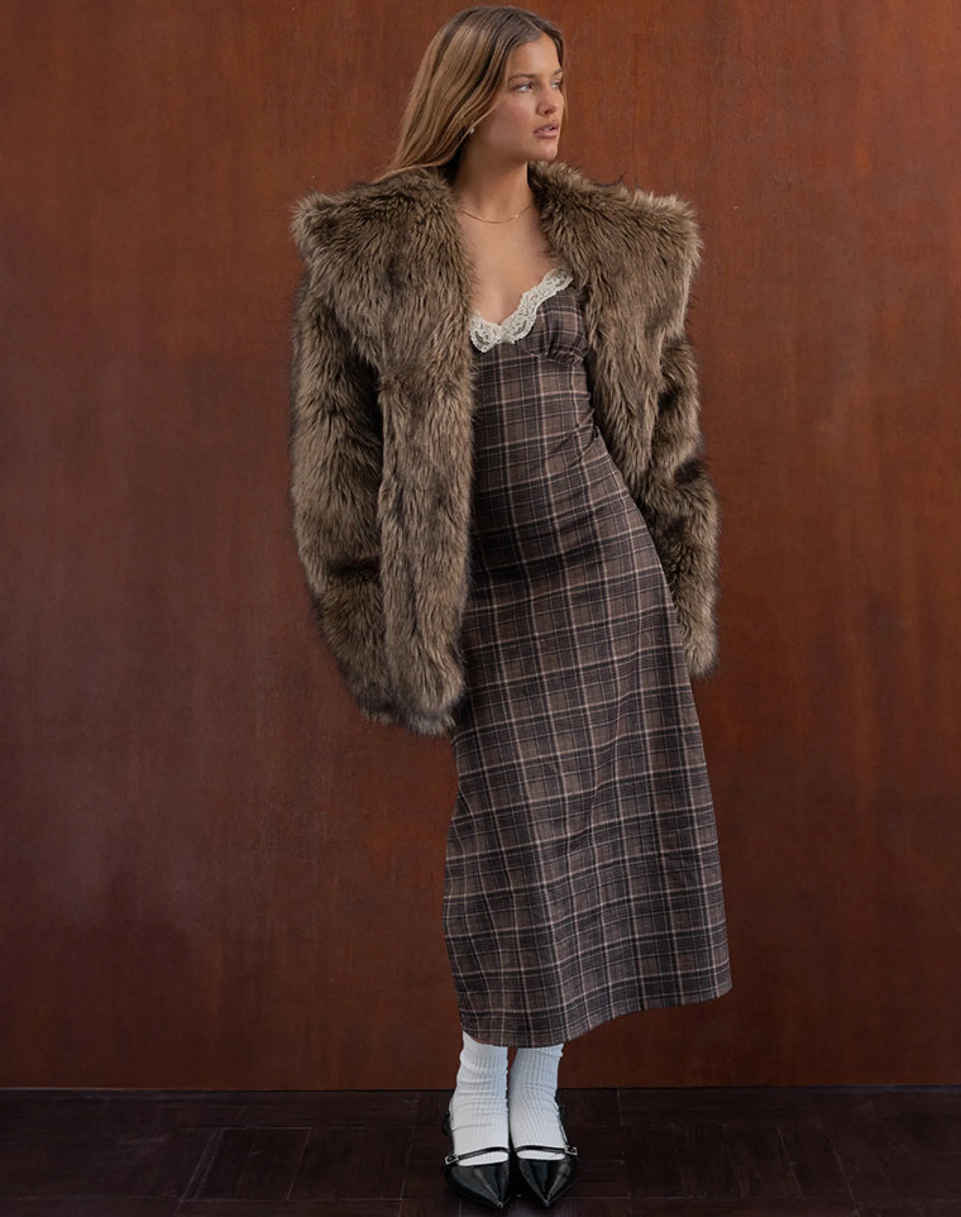 Motel Rocks Printed Dresses | Day Dresses-Delfina Midi Dress in Lace Brown Check