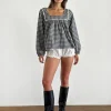 Motel Rocks Shirts And Blouses | Printed Tops-Demona Top in Tonal Gingham Black and Grey