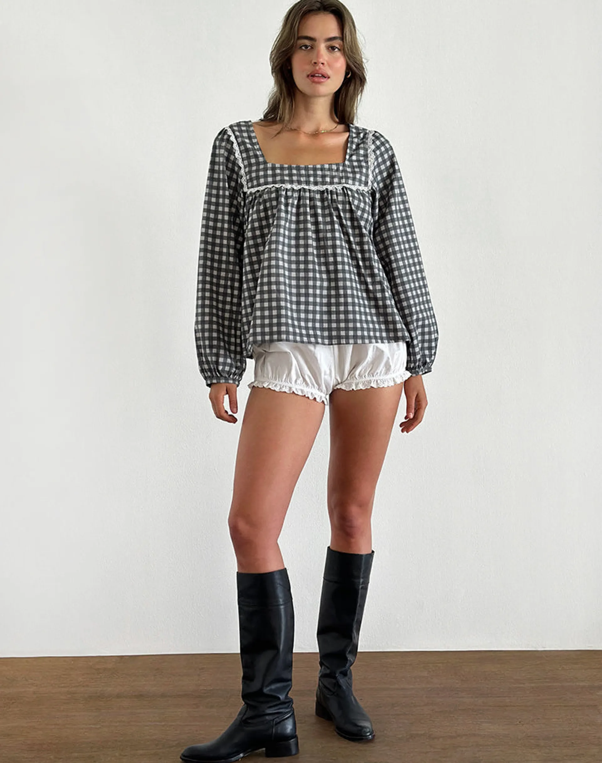 Motel Rocks Shirts And Blouses | Printed Tops-Demona Top in Tonal Gingham Black and Grey