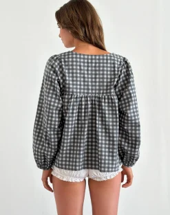 Motel Rocks Shirts And Blouses | Printed Tops-Demona Top in Tonal Gingham Black and Grey