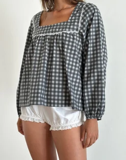 Motel Rocks Shirts And Blouses | Printed Tops-Demona Top in Tonal Gingham Black and Grey