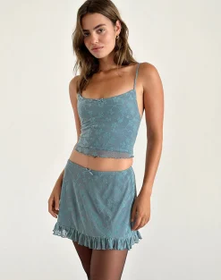 Motel Rocks Co-Ords | Printed Tops-Deri Cami Top in Grunge Floral Blue Grey