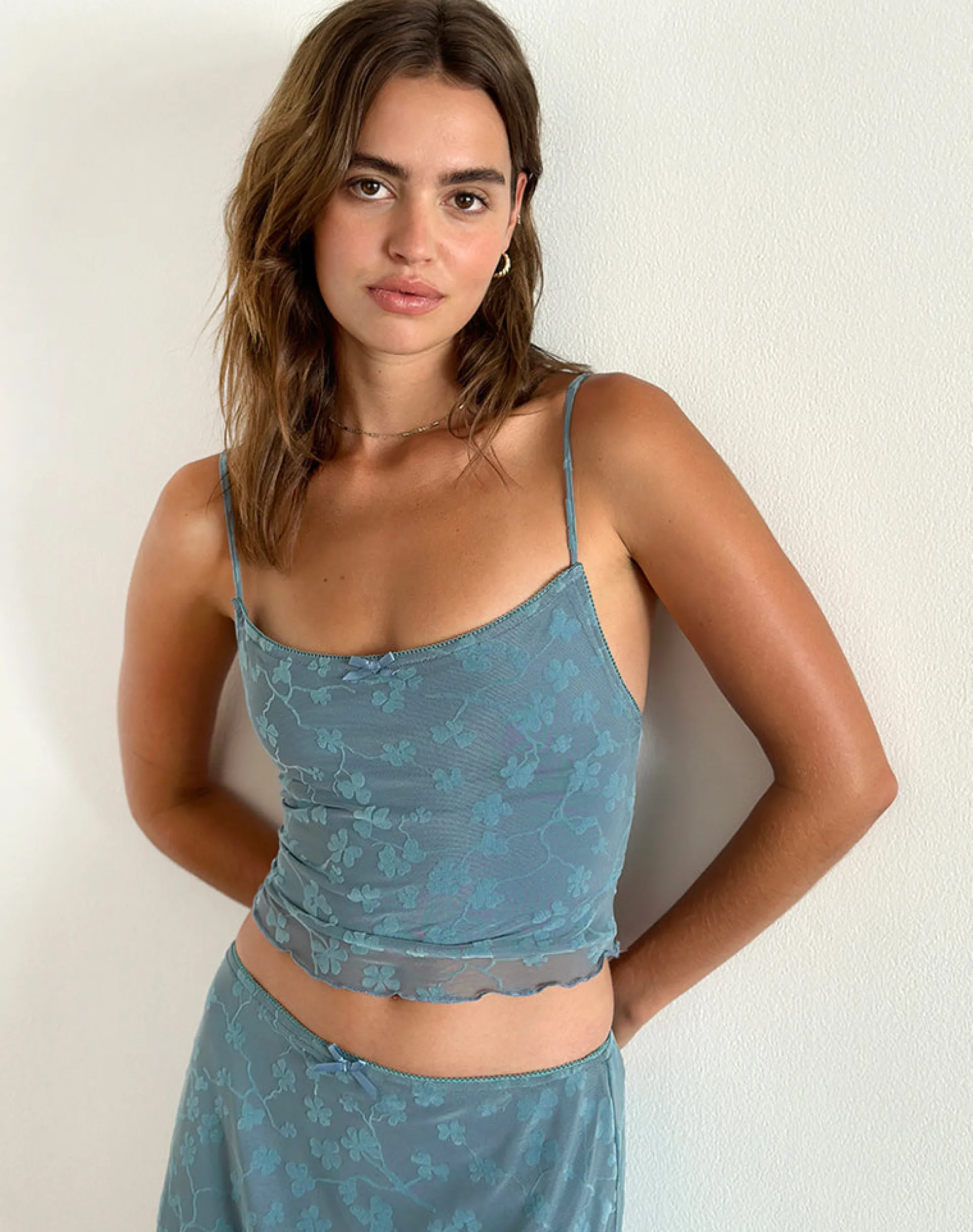 Motel Rocks Co-Ords | Printed Tops-Deri Cami Top in Grunge Floral Blue Grey