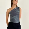 Motel Rocks Printed Tops | Going Out Tops-Derse One Shoulder Top in Faded Botanical Green FadedBotanicalGreen