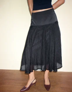 Motel Rocks A Line Skirts | Midi Skirts-Diera Satin Chiffon Midi Skirt in Black