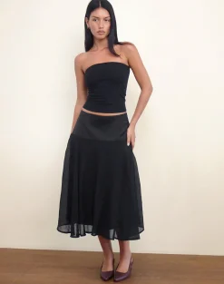 Motel Rocks A Line Skirts | Midi Skirts-Diera Satin Chiffon Midi Skirt in Black