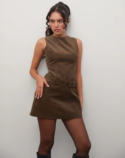 Motel Rocks Mini Dresses-Dilshan Mini Dress in Babycord Brown BabycordBrown