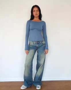 Motel Rocks Basics | Basic Tops-Dinar Split Hem Top in Mineral Blue
