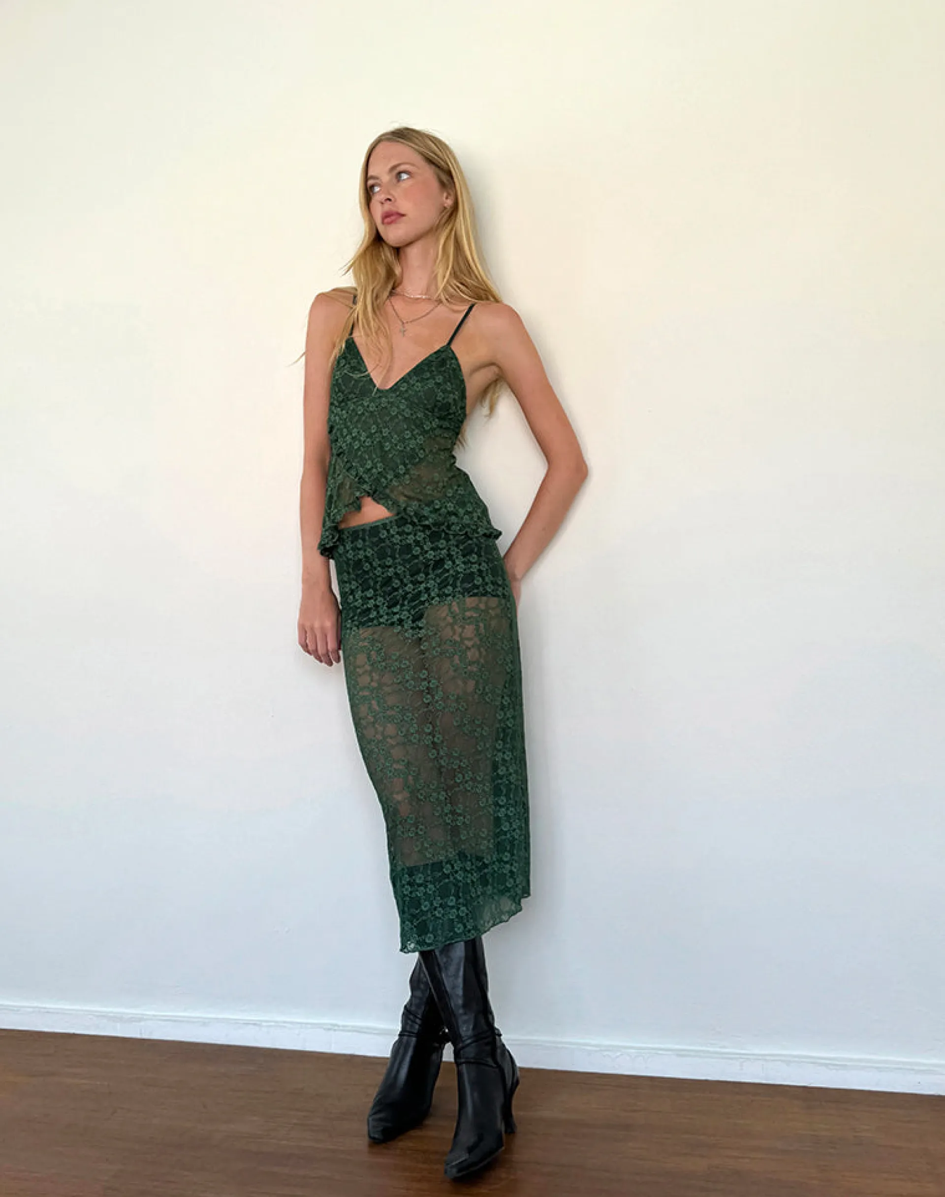Motel Rocks Co-Ords | A Line Skirts-Diri Unlined Midi Skirt in Sage Canina Rose Lace