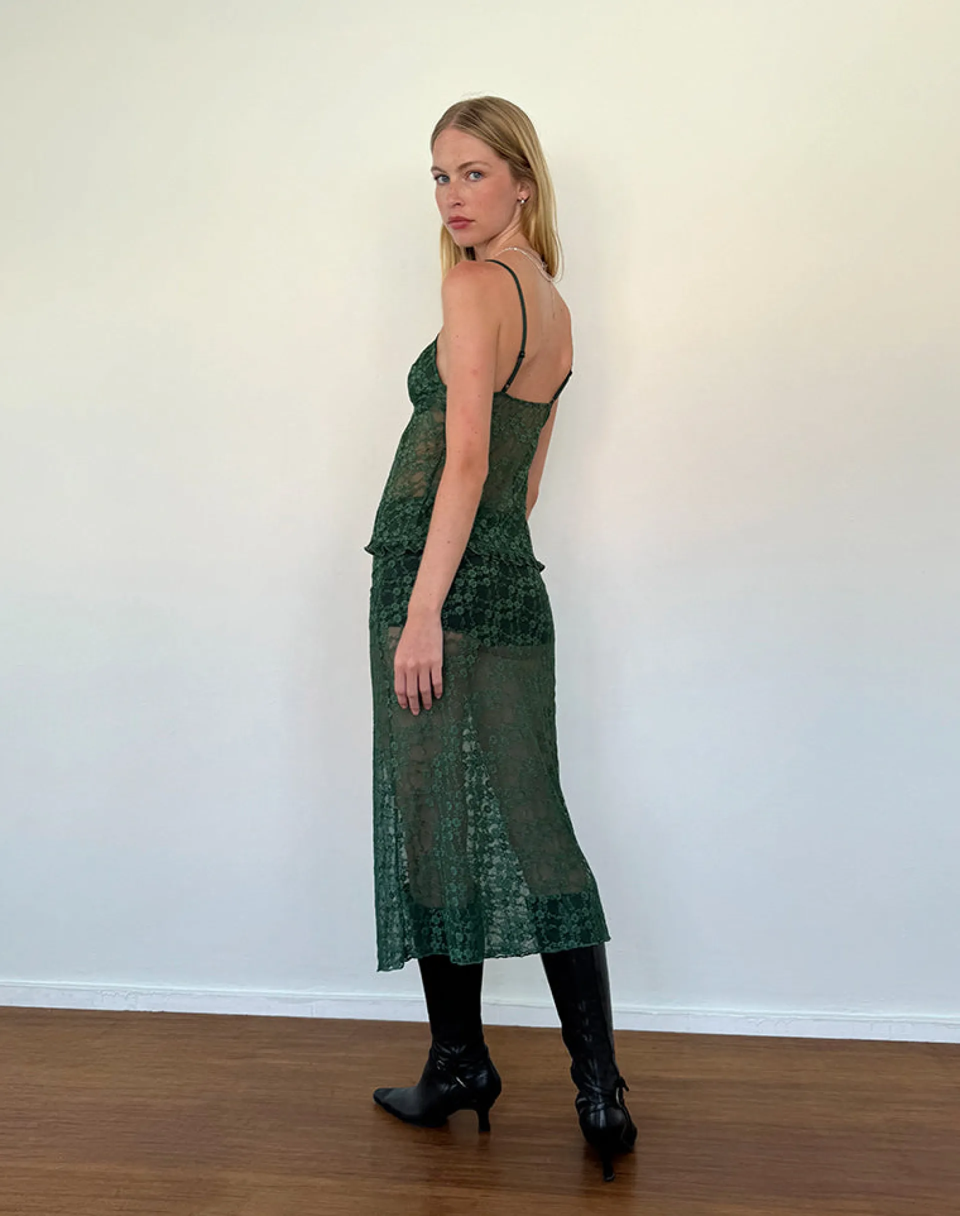 Motel Rocks Co-Ords | A Line Skirts-Diri Unlined Midi Skirt in Sage Canina Rose Lace