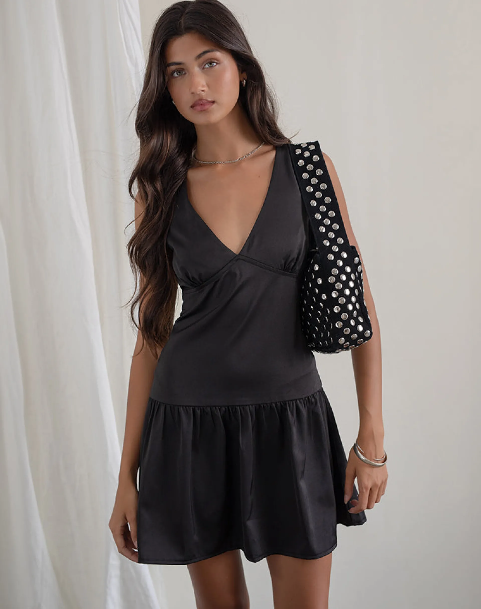 Motel Rocks Tailoring | Day Dresses-Distia Plunge Puff Mini Dress in Black