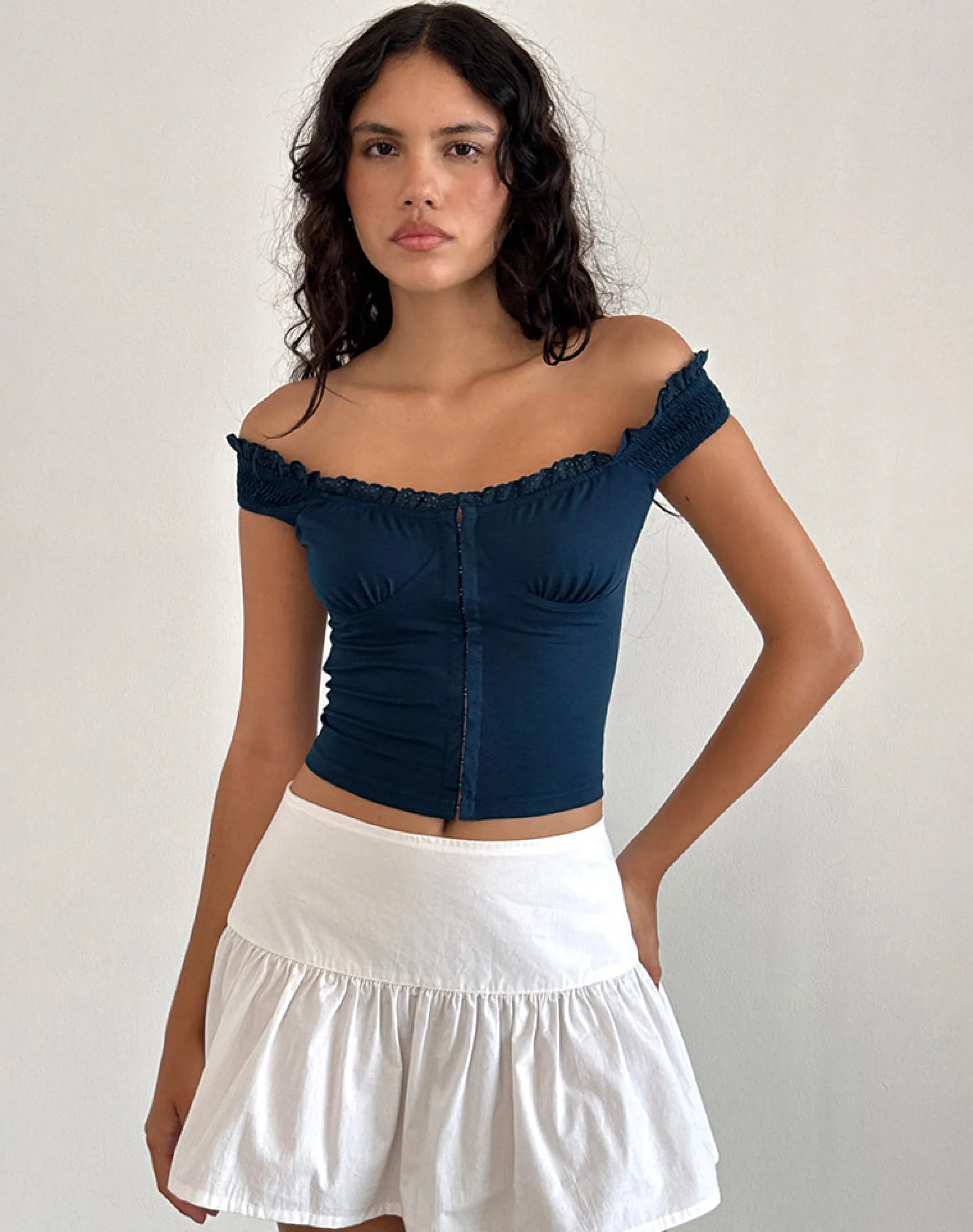 Motel Rocks Corset Tops | Going Out Tops-Dovica Lace Trim Corset Top in navy