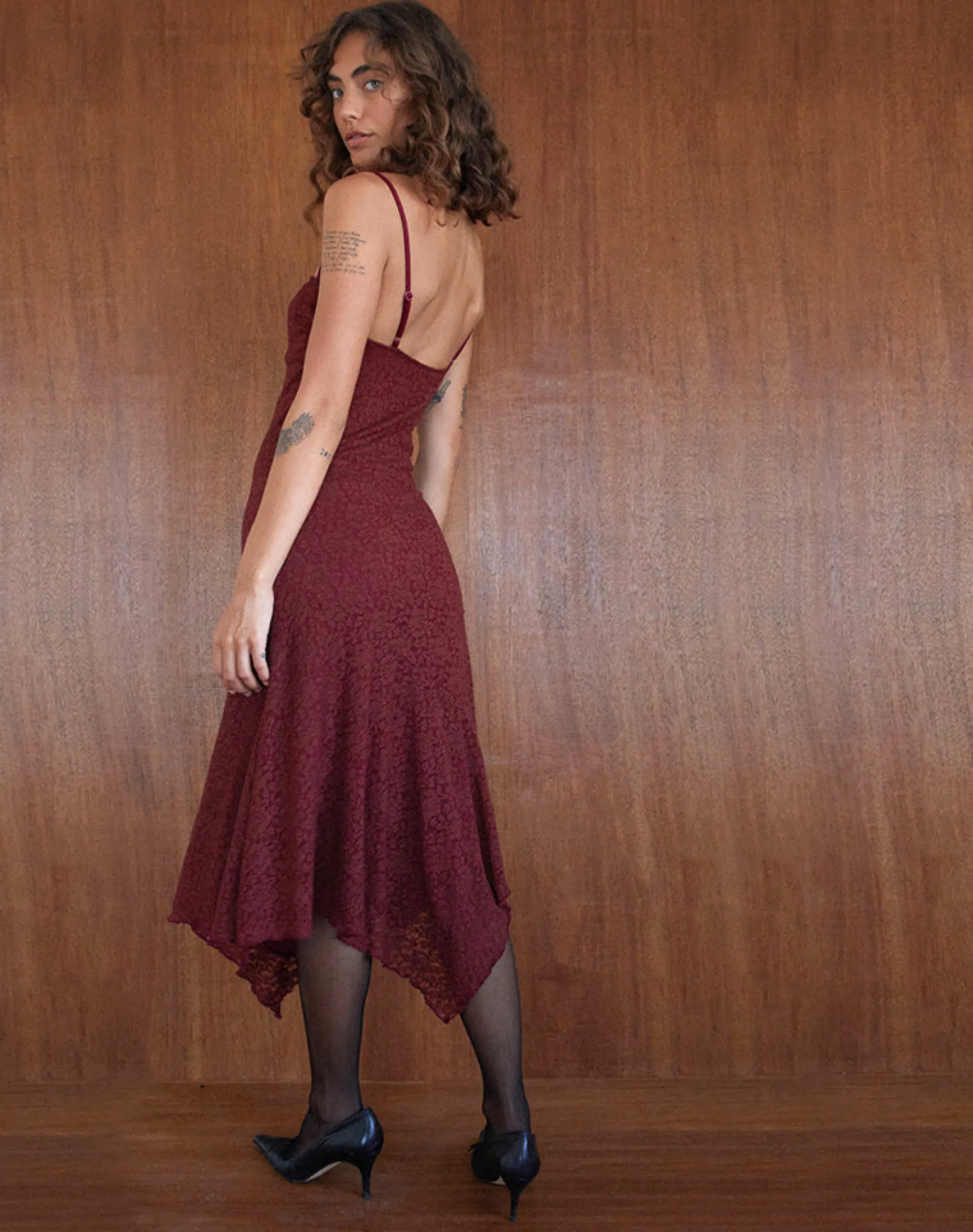 Motel Rocks Bodycon Dresses | Party Dresses-Drusilla Midi Dress in Rose Lace Burgundy