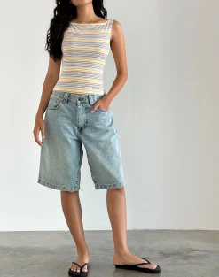 Motel Rocks Basic Tops | Strappy Tops-Dudley Vest Top in Blue, White and Yellow Stripe BlueWhiteandYellowStripe