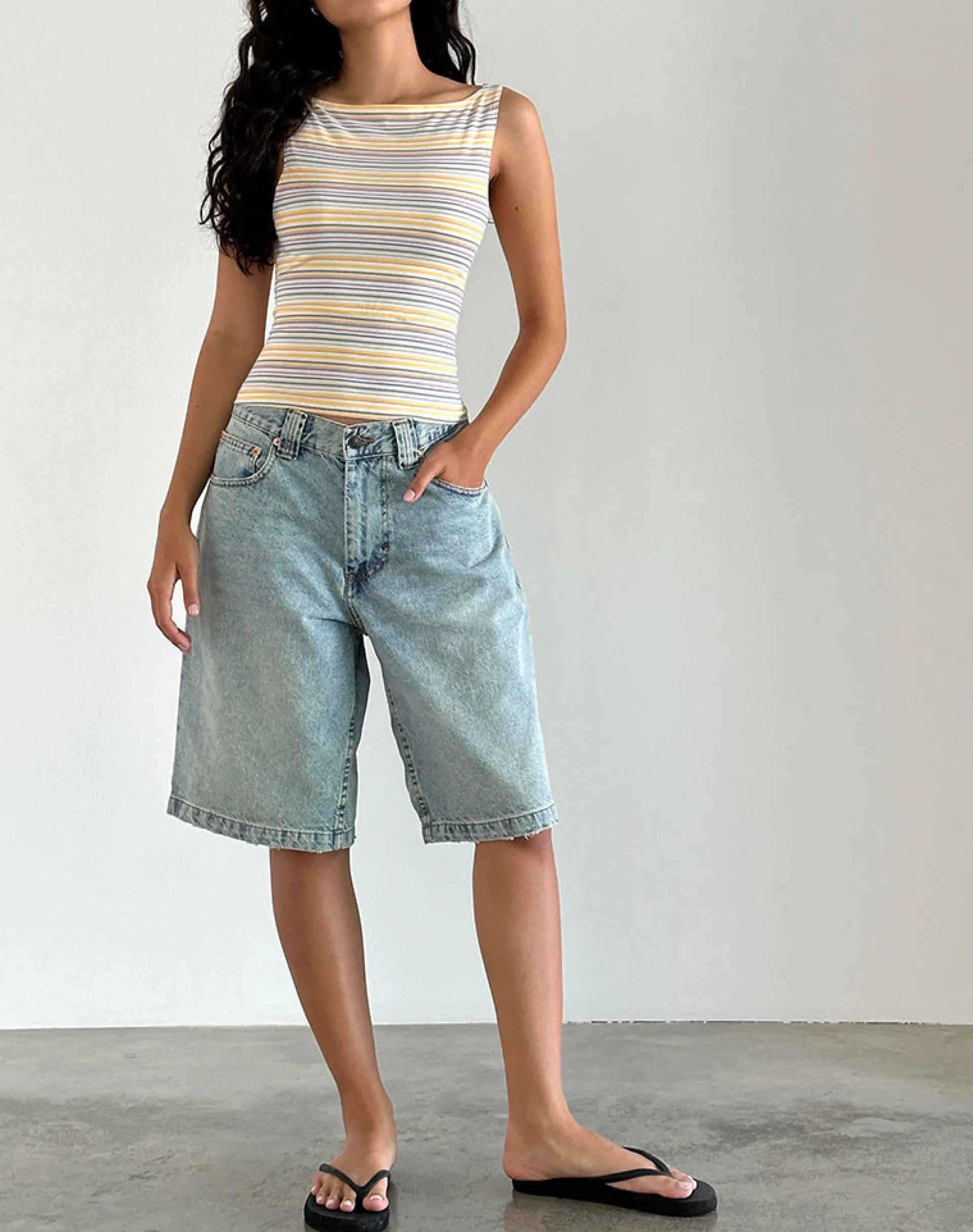 Motel Rocks Basic Tops | Strappy Tops-Dudley Vest Top in Blue, White and Yellow Stripe BlueWhiteandYellowStripe