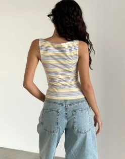 Motel Rocks Basic Tops | Strappy Tops-Dudley Vest Top in Blue, White and Yellow Stripe BlueWhiteandYellowStripe