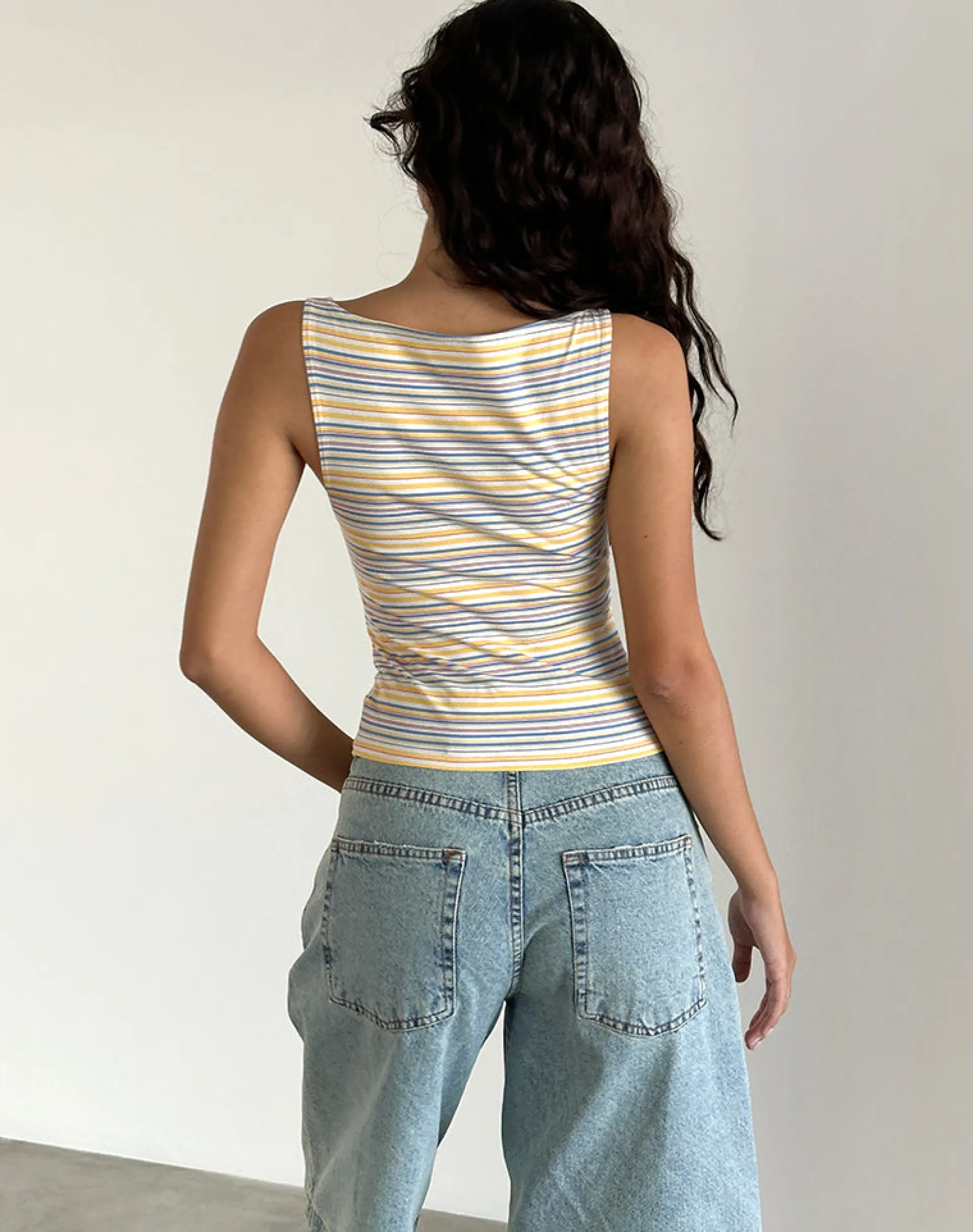 Motel Rocks Basic Tops | Strappy Tops-Dudley Vest Top in Blue, White and Yellow Stripe BlueWhiteandYellowStripe