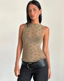 Motel Rocks Vest Tops | Printed Tops-Dudley Vest Top in Daisy Flock Light Brown DaisyFlockLightBrown