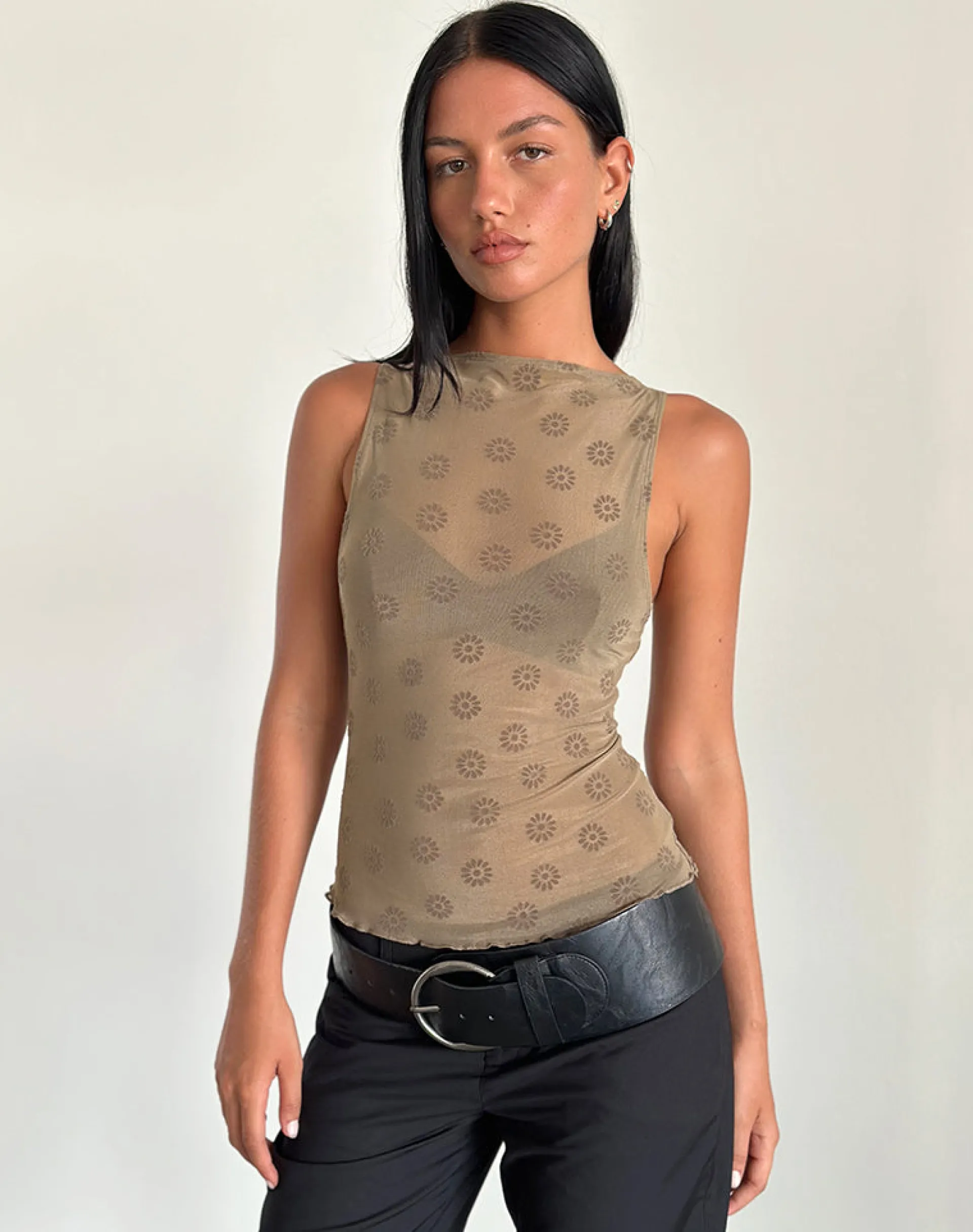 Motel Rocks Vest Tops | Printed Tops-Dudley Vest Top in Daisy Flock Light Brown DaisyFlockLightBrown