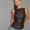 Motel Rocks Vest Tops | Strappy Tops-Dudley Vest Top in Sequin Knit Black SequinKnitBlack