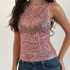 Motel Rocks Vest Tops | Sequin Tops-Dudley Vest Top in Sequin Mesh Rose Gold SequinMeshRoseGold