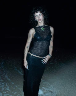 Motel Rocks Vest Tops | Strappy Tops-Dudley Vest Top in Sequin Knit Black SequinKnitBlack