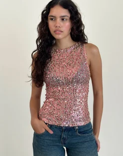 Motel Rocks Vest Tops | Sequin Tops-Dudley Vest Top in Sequin Mesh Rose Gold SequinMeshRoseGold