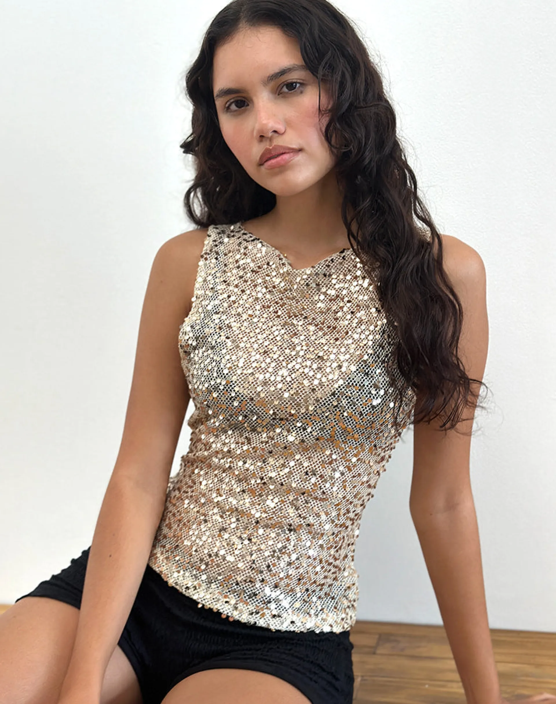 Motel Rocks Vest Tops | Going Out Tops-Dudley Vest Top in Sequin Mesh Gold SequinMeshGold