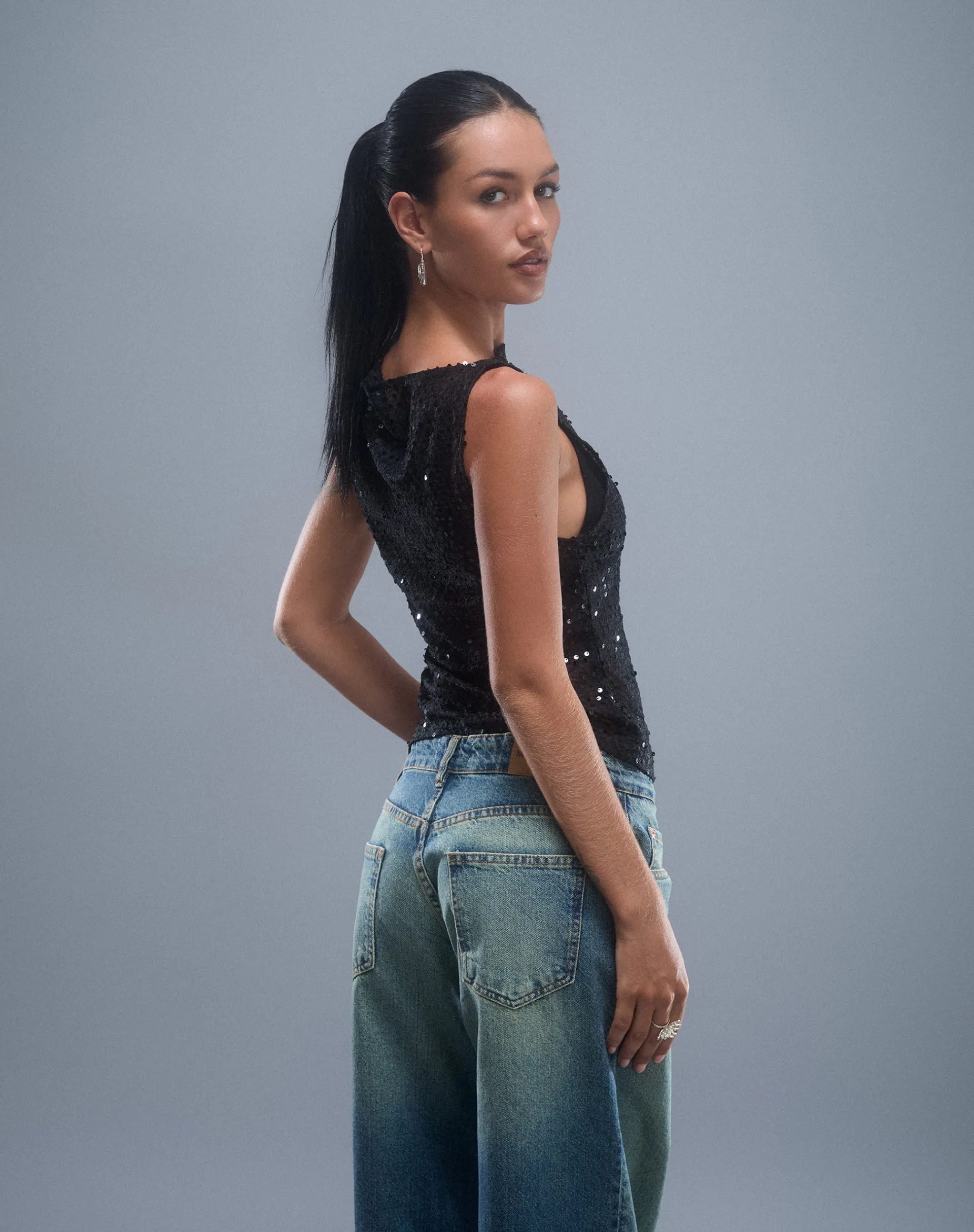 Motel Rocks Vest Tops | Strappy Tops-Dudley Vest Top in Sequin Knit Black SequinKnitBlack