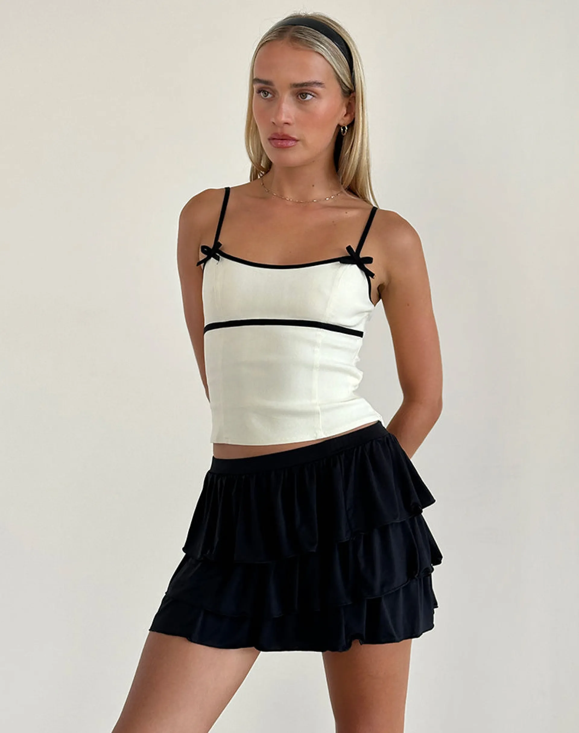 Motel Rocks Tailoring | Strappy Tops-Duta Cami Top in Cream with Black Bows
