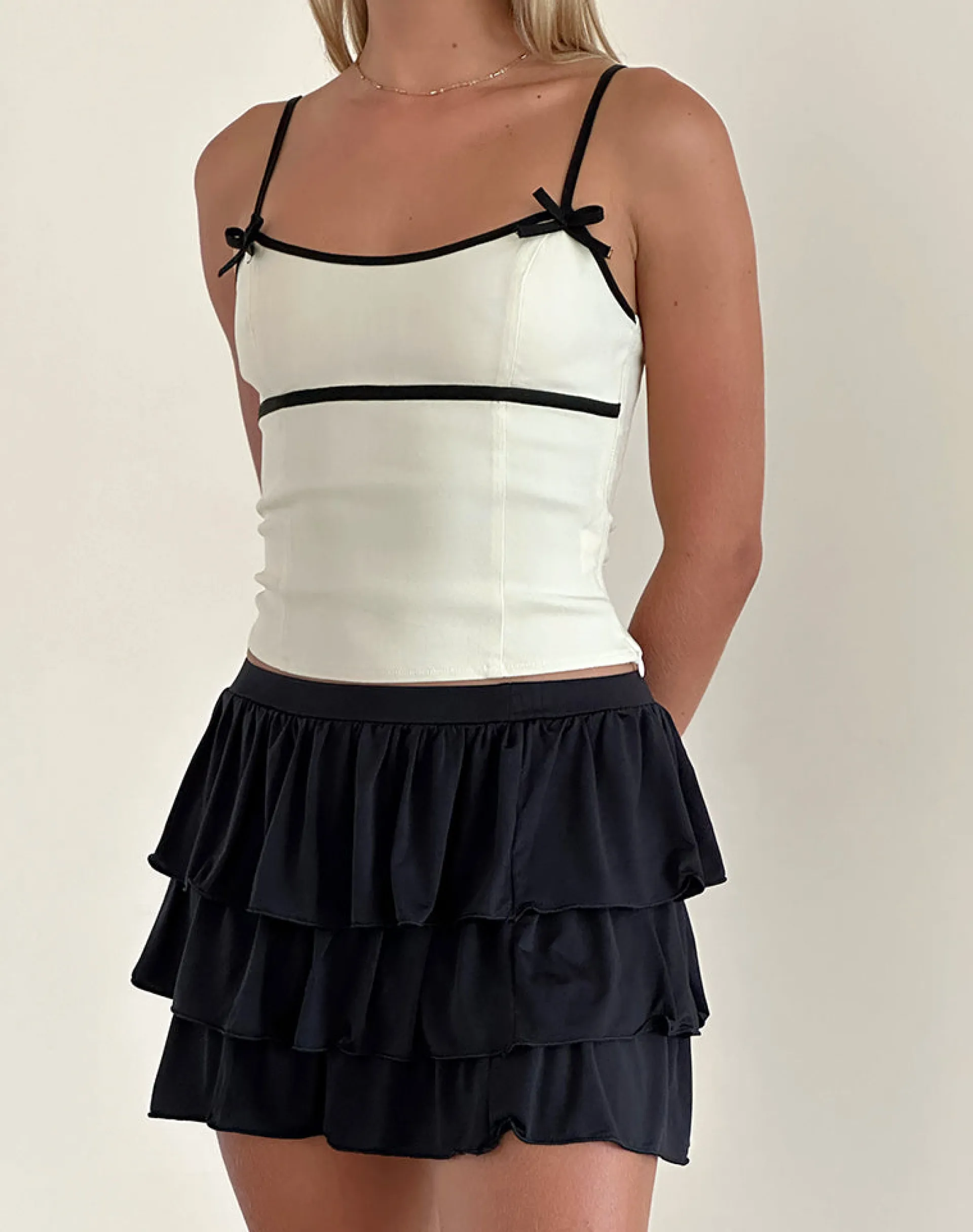Motel Rocks Tailoring | Strappy Tops-Duta Cami Top in Cream with Black Bows