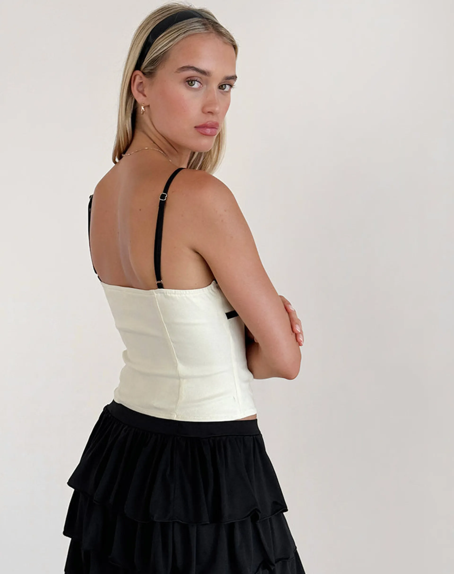 Motel Rocks Tailoring | Strappy Tops-Duta Cami Top in Cream with Black Bows