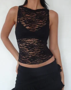 Motel Rocks Lace Tops | Going Out Tops-Dwira Lace Vest Top in Black