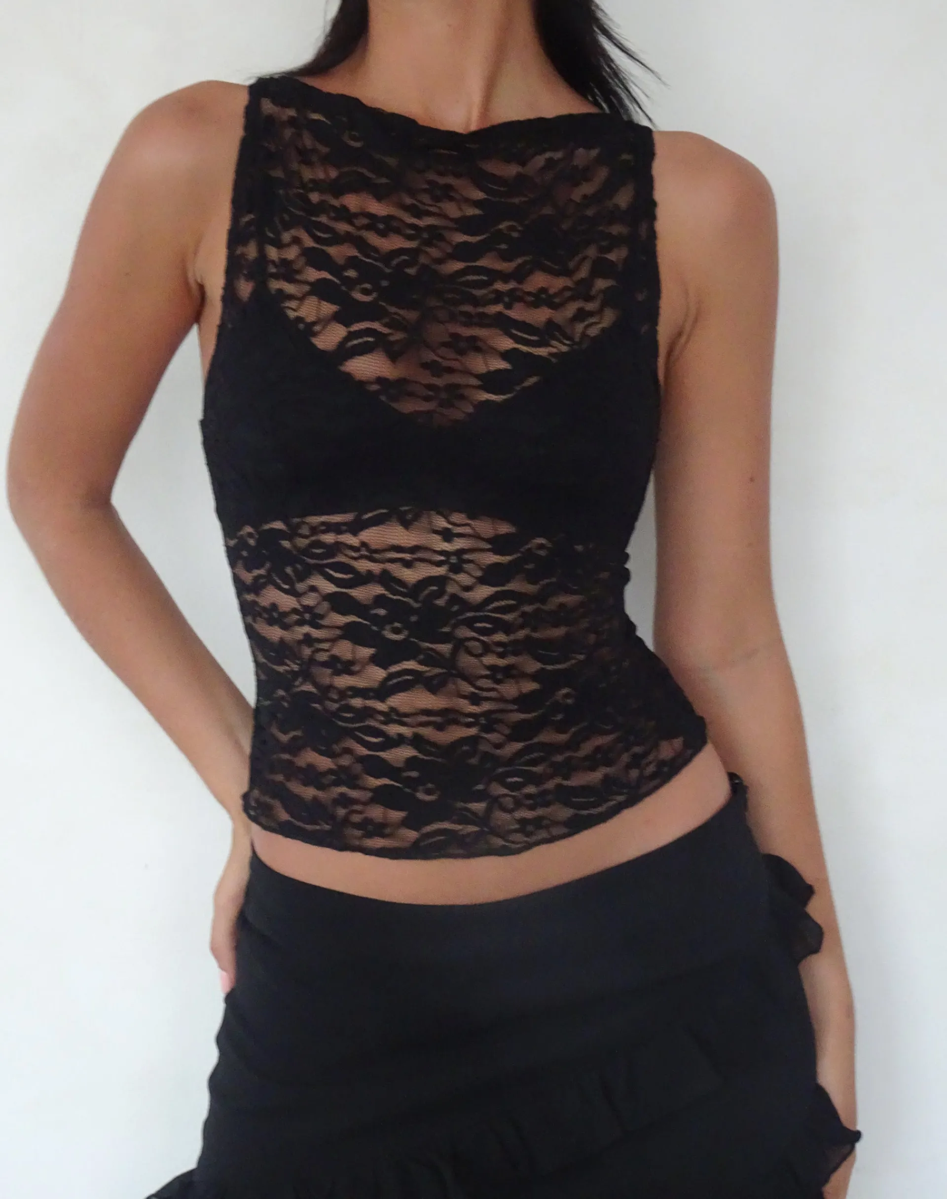Motel Rocks Lace Tops | Going Out Tops-Dwira Lace Vest Top in Black