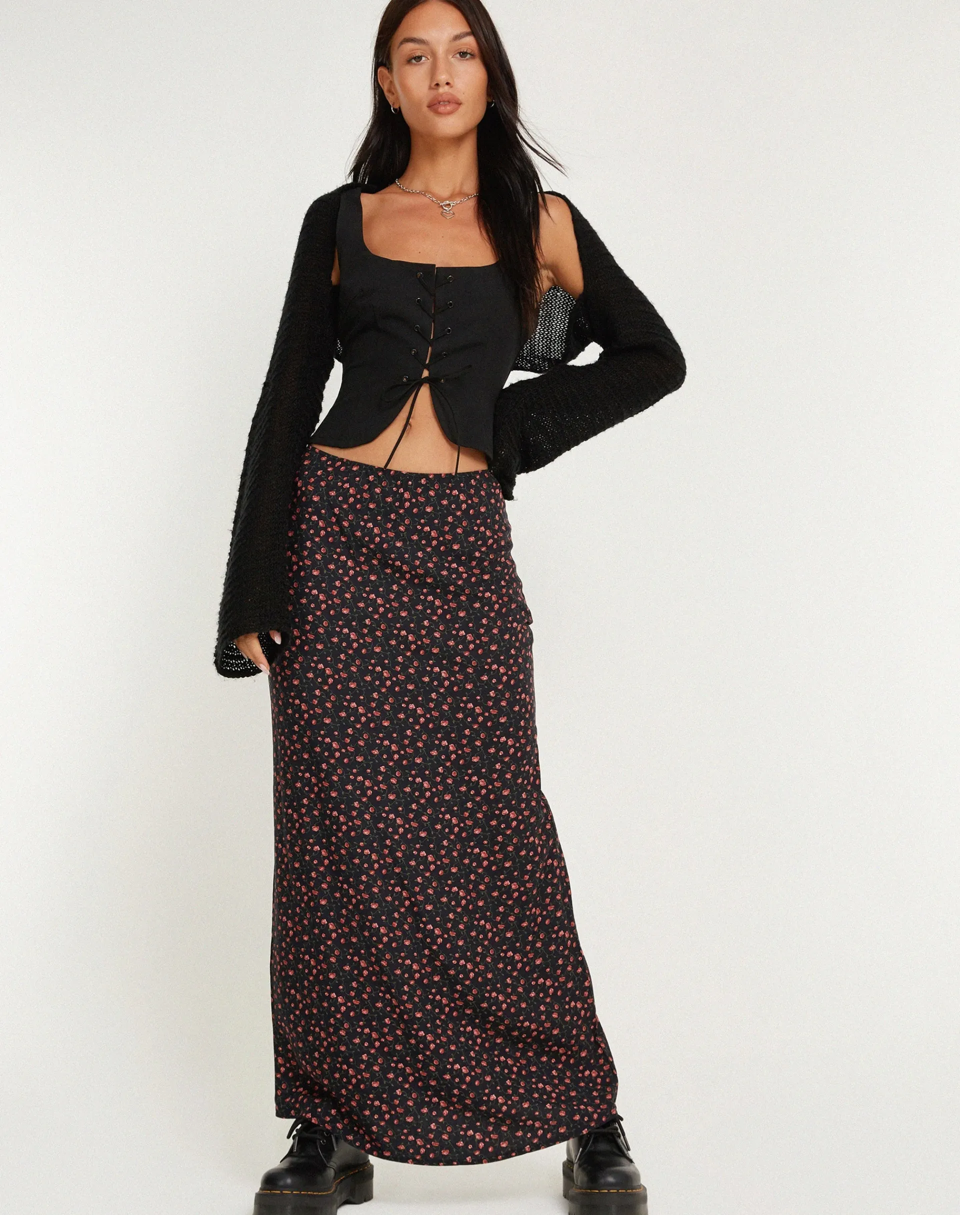 Motel Rocks Maxi Skirts-Easton Maxi Skirt in Dark Pink Rose Black